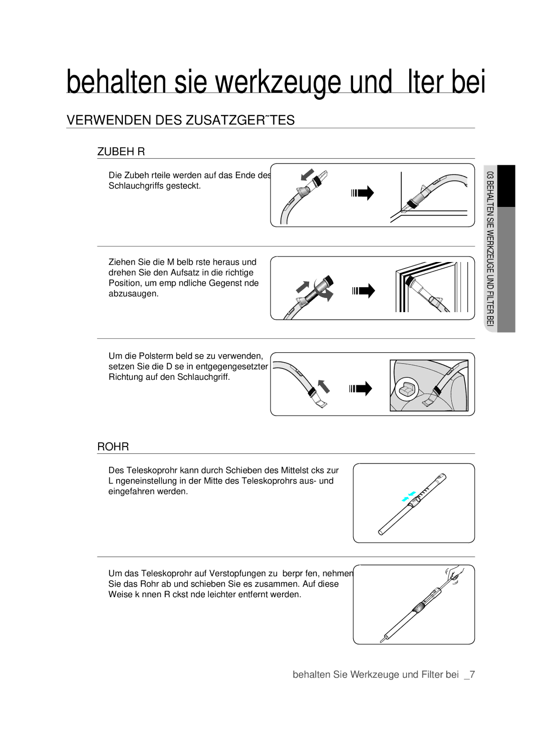 Samsung VCC6210V3R/XEG manual Behalten sie werkzeuge und filter bei, Verwenden DES ZUSATZGERäTES 