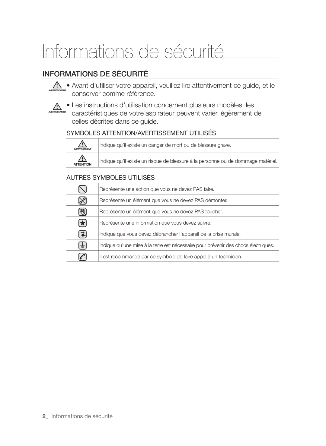 Samsung VCC6216V31/XEF manual Informations de sécurité 