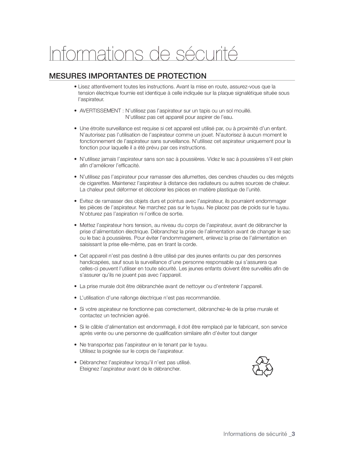 Samsung VCC6216V31/XEF manual Mesures Importantes DE Protection 