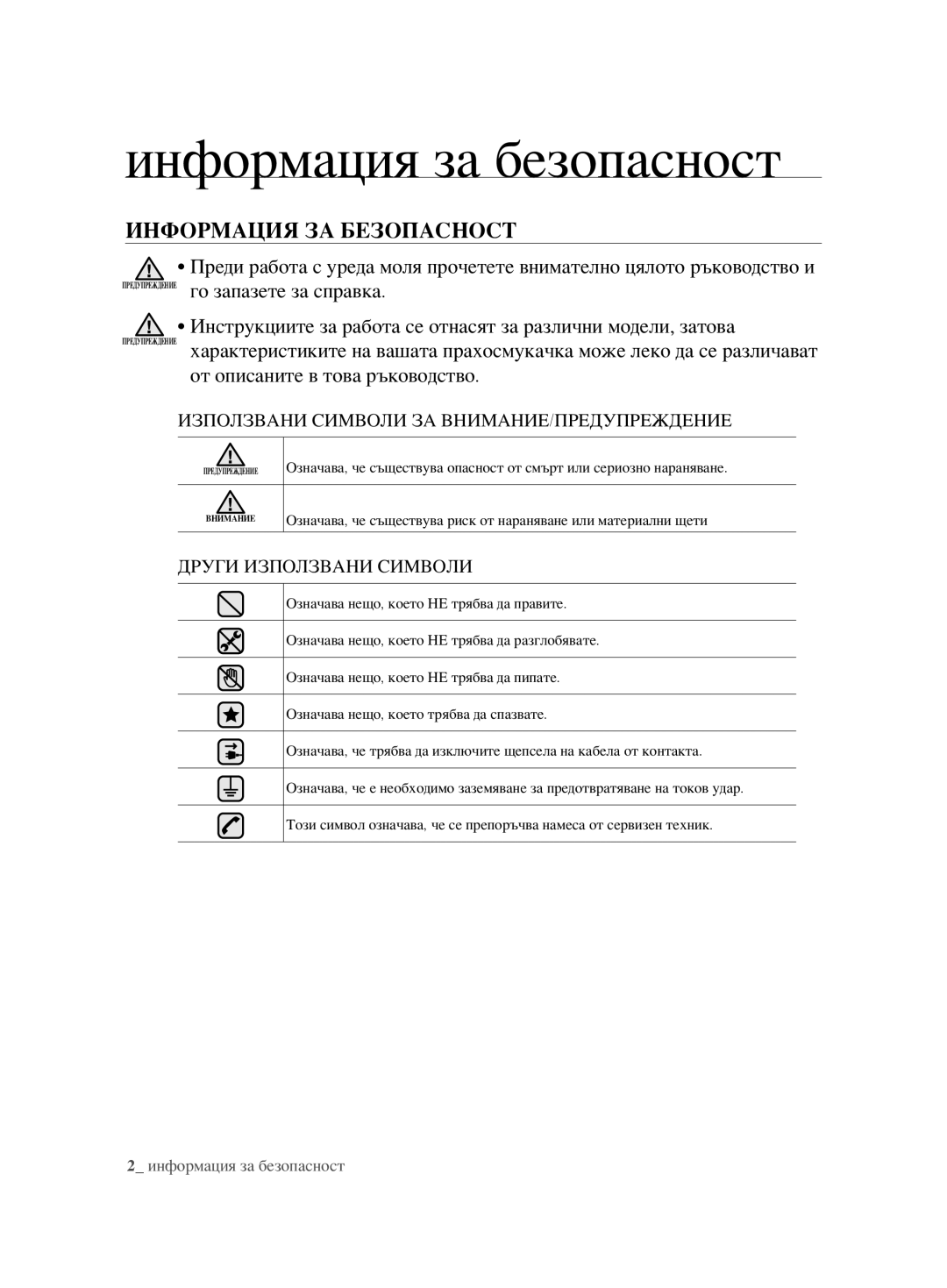 Samsung VCC6240V3B/XSB, VCC6240V3R/BOL, VCC6240V3B/XEV manual Информация за безопасност, Информация ЗА Безопасност 