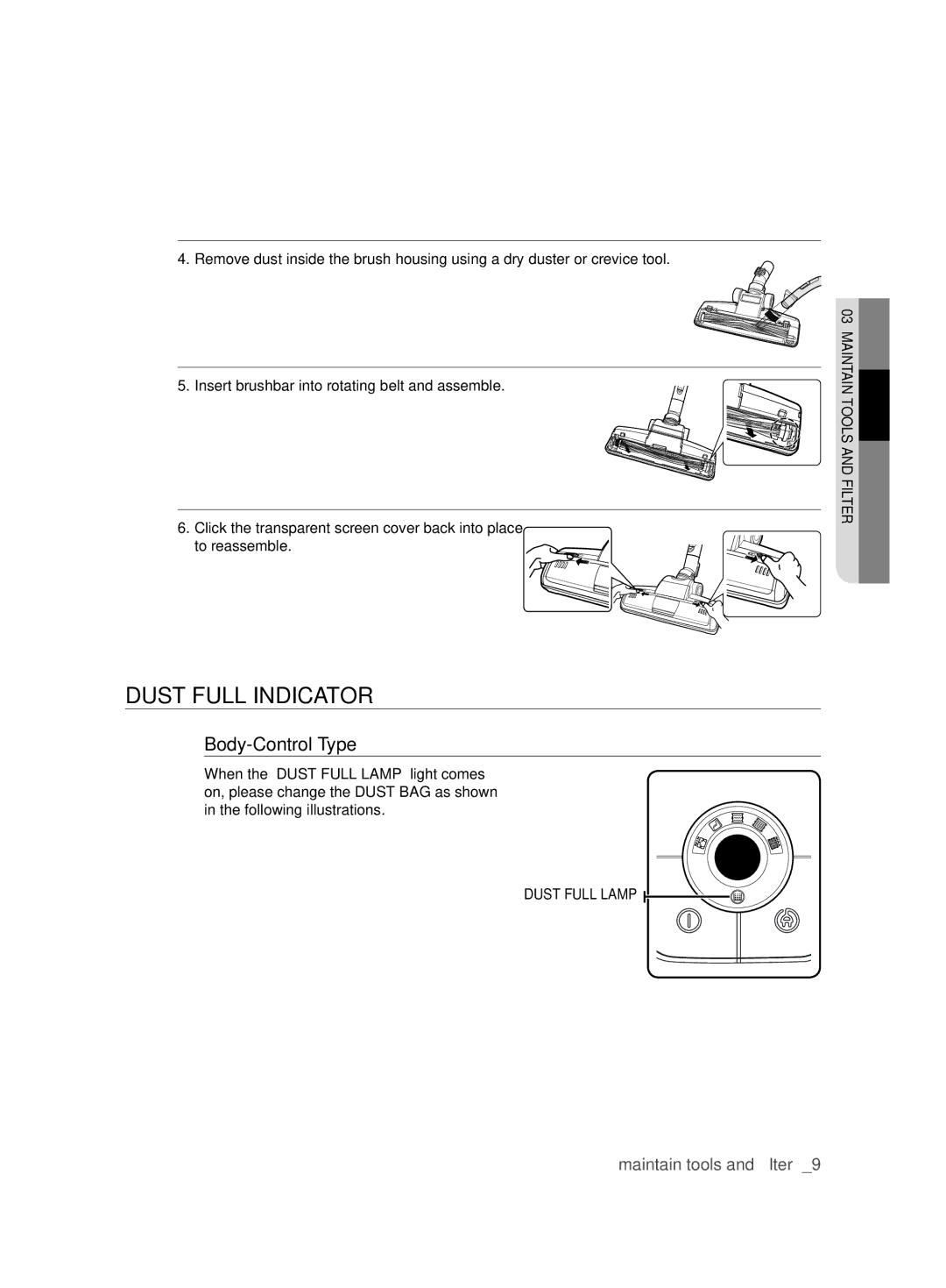 Samsung VCC6240V3R/BOL, VCC6240V3B/XEV, VCC6240V3B/XSB manual Dust Full Indicator, Body-Control Type 