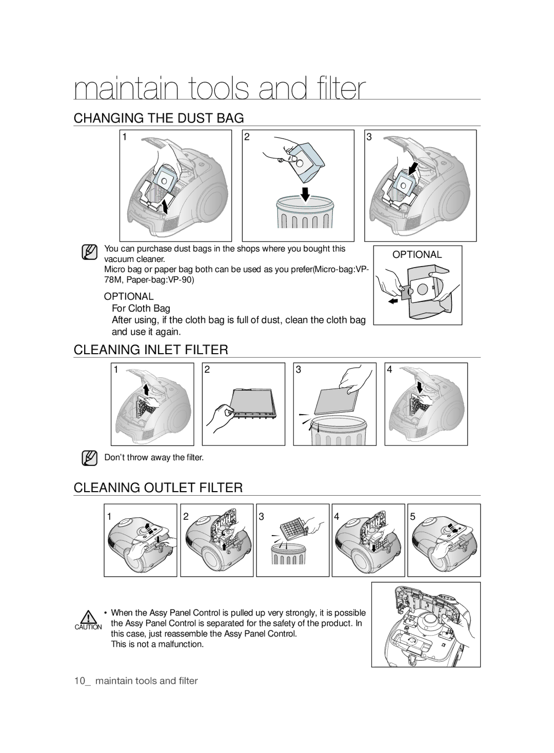 Samsung VCC6240V3B/XEV, VCC6240V3R/BOL manual Changing the Dust BAG, Cleaning Inlet Filter, Cleaning Outlet Filter, Optional 