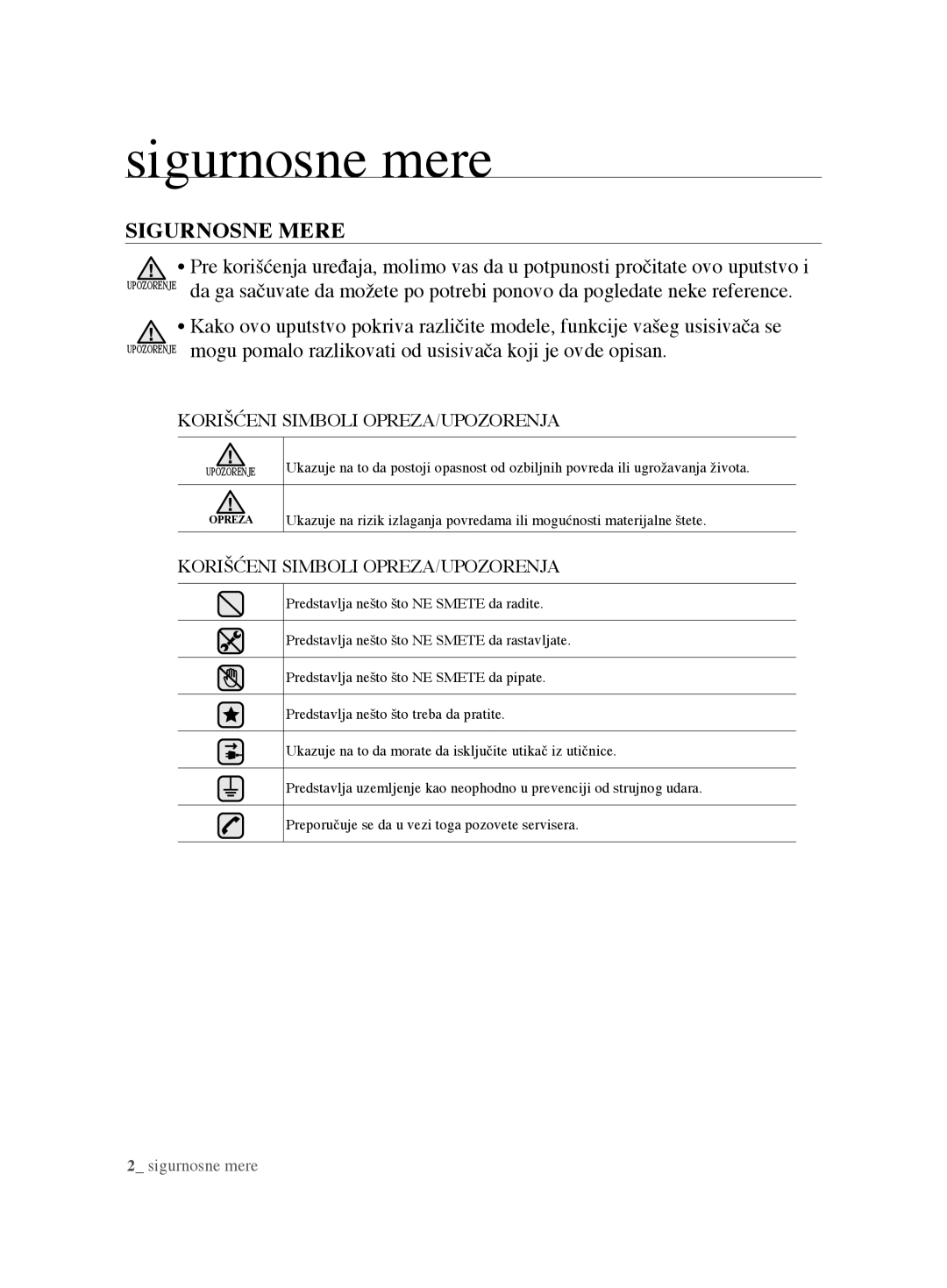 Samsung VCC6240V3B/XSB, VCC6240V3R/BOL, VCC6240V3B/XEV manual Sigurnosne mere, Sigurnosne Mere 