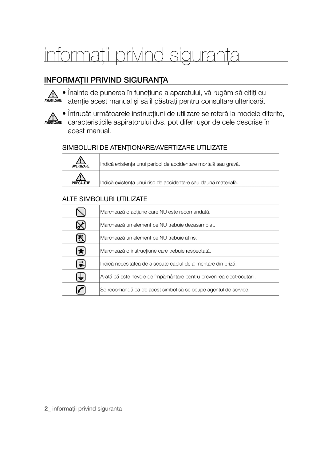 Samsung VCC6240V3B/XSB, VCC6240V3R/BOL, VCC6240V3B/XEV manual Informaţii privind siguranţa, Informaţii Privind Siguranţa 