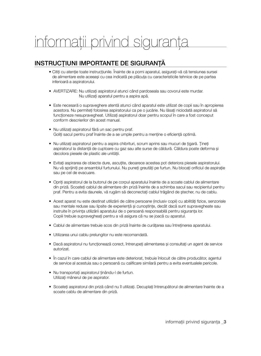 Samsung VCC6240V3R/BOL, VCC6240V3B/XEV, VCC6240V3B/XSB manual Instrucţiuni Importante DE Siguranță 