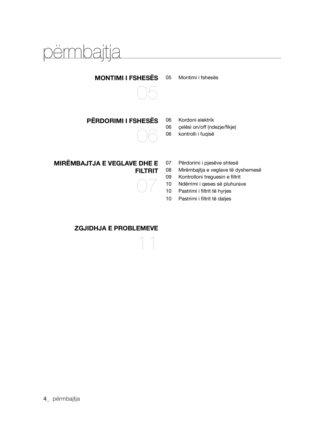 Samsung VCC6240V3B/XEV, VCC6240V3R/BOL, VCC6240V3B/XSB manual Përmbajtja, Filtrit 