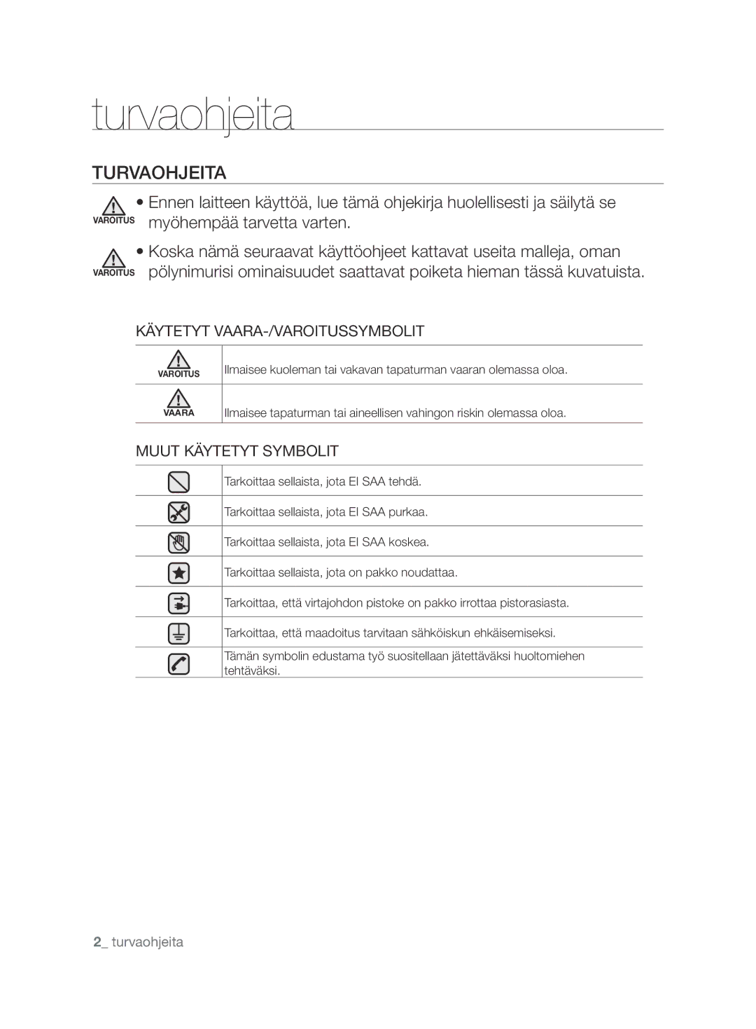 Samsung VCC62J0V36/XEE manual Turvaohjeita, TURVAOhjEITA, Käytetyt VAARA-/VAROITUSSYMBOLIT, Muut Käytetyt Symbolit 