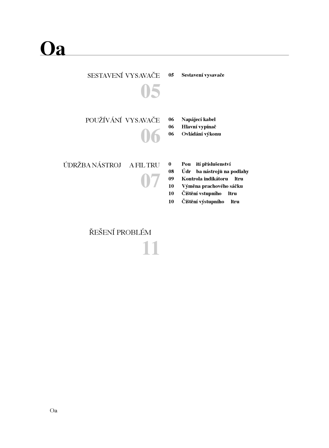 Samsung VCC62E0V3G/XEH, VCC62E0V3G/EUR manual Obsah, ÚDrŽbA nástrojŮ a fiLtru 