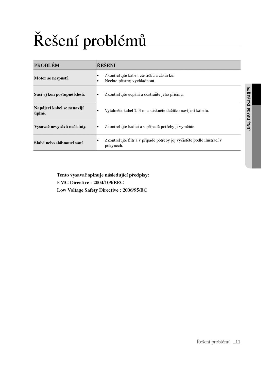 Samsung VCC62E0V3G/EUR, VCC62E0V3G/XEH manual Řešení problémů, Problém Řešení 