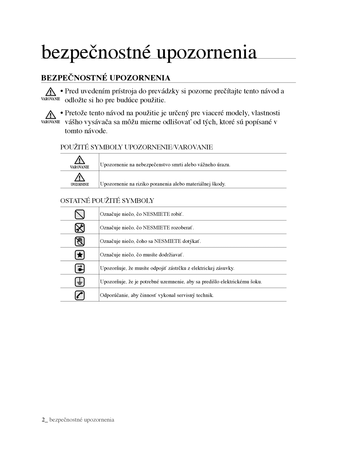 Samsung VCC62E0V3G/XEH, VCC62E0V3G/EUR manual Bezpečnostné upozornenia, BEzpEčNostNé UpozorNENIA 