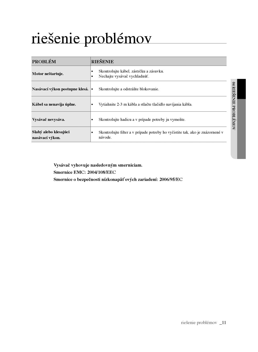 Samsung VCC62E0V3G/EUR, VCC62E0V3G/XEH manual Riešenie problémov, Problém Riešenie 