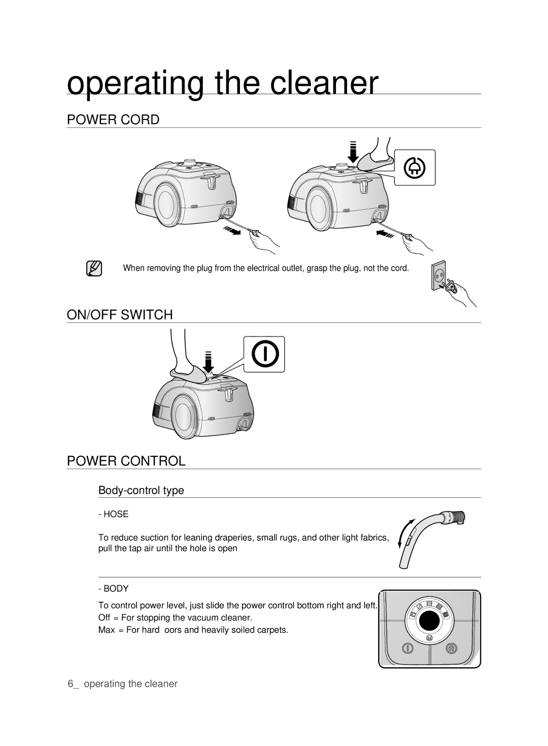 Samsung VCC62E0V3G/XEH, VCC62E0V3G/EUR manual Operating the cleaner 