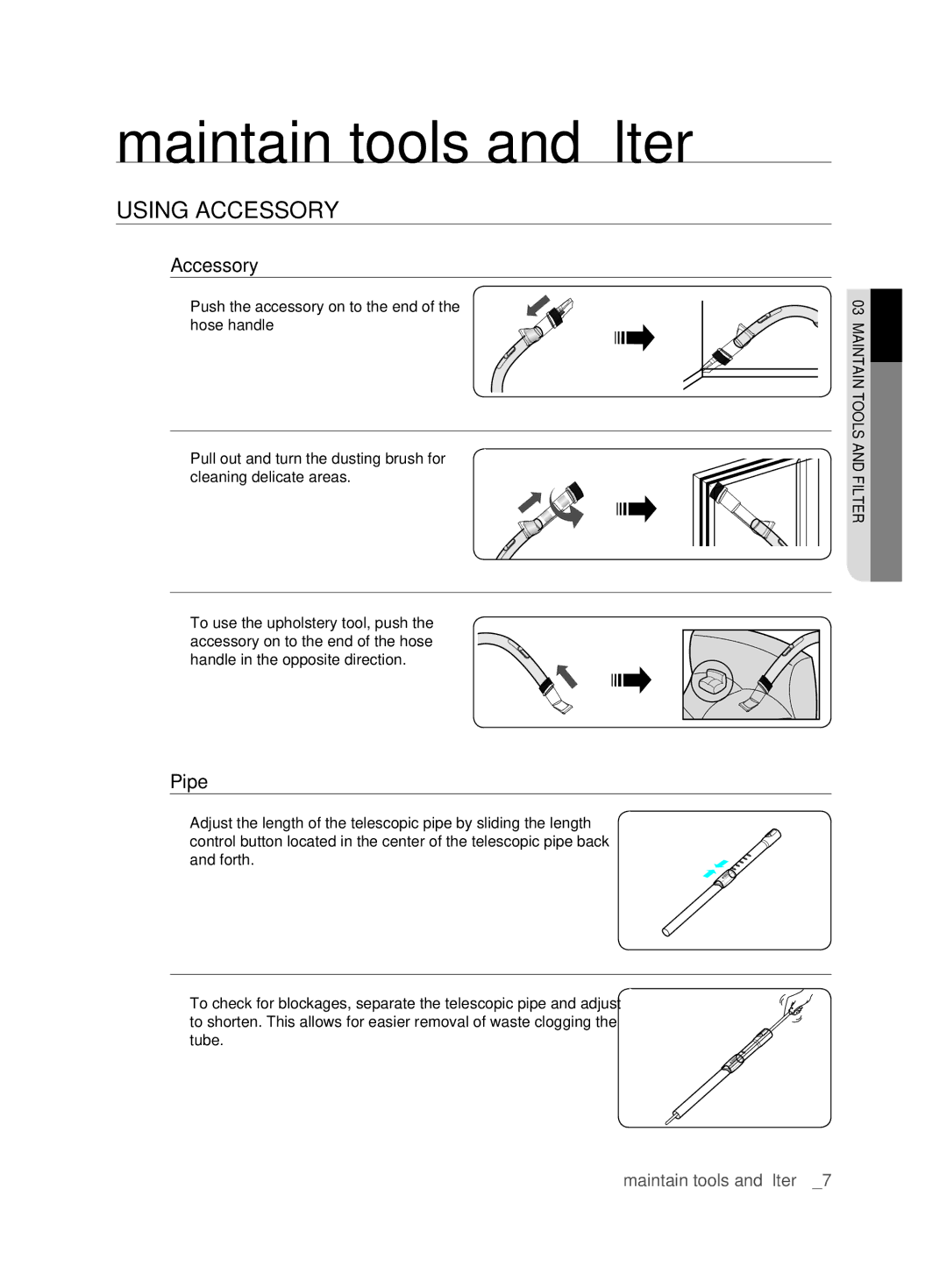 Samsung VCC62E0V3G/EUR, VCC62E0V3G/XEH manual Maintain tools and filter 