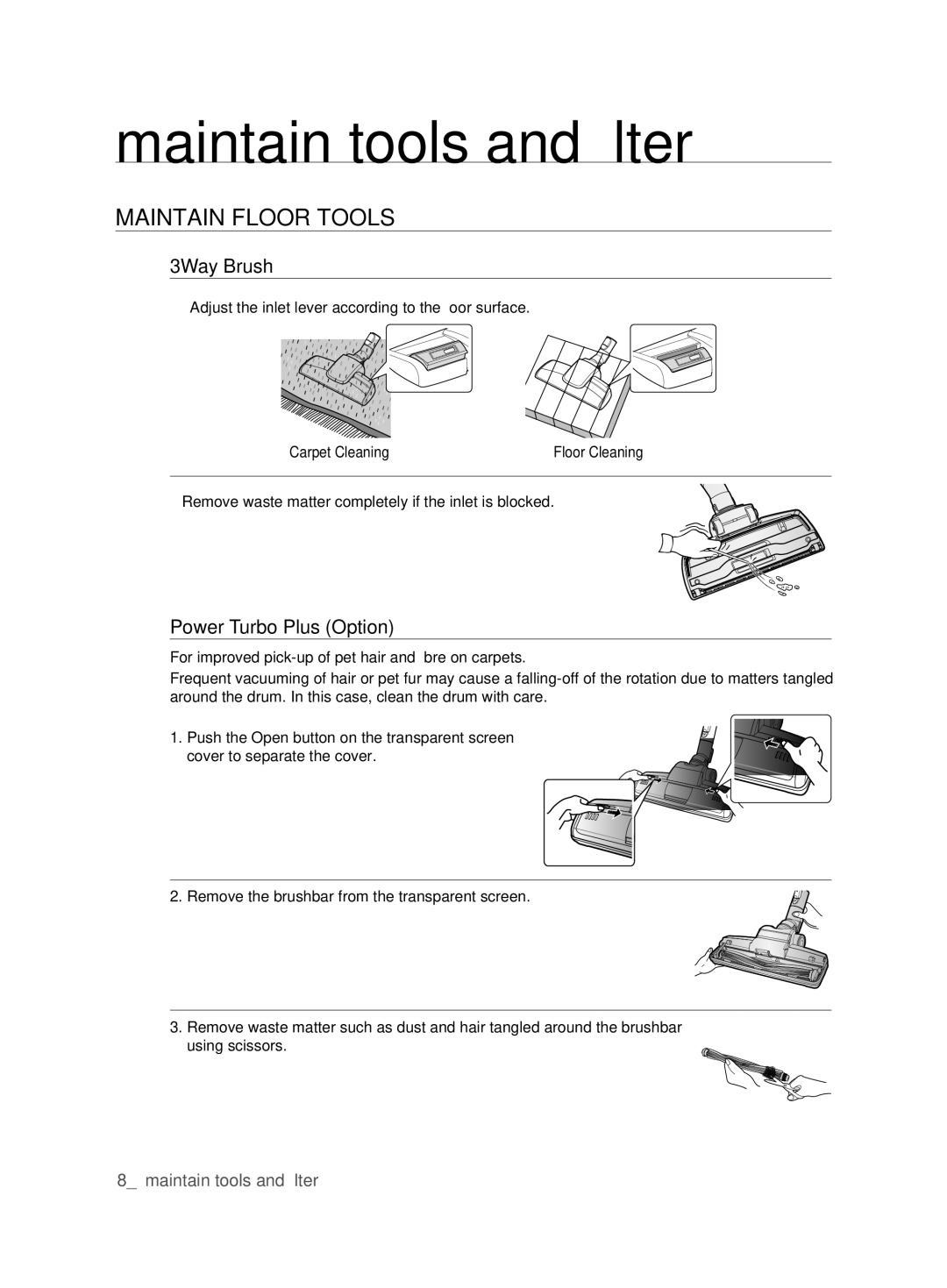 Samsung VCC62E0V3G/XEH, VCC62E0V3G/EUR manual Maintain floor tools 