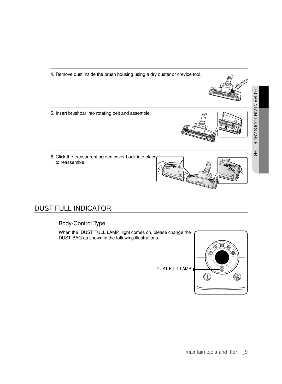 Samsung VCC62E0V3G/EUR, VCC62E0V3G/XEH manual Dust full indicator 