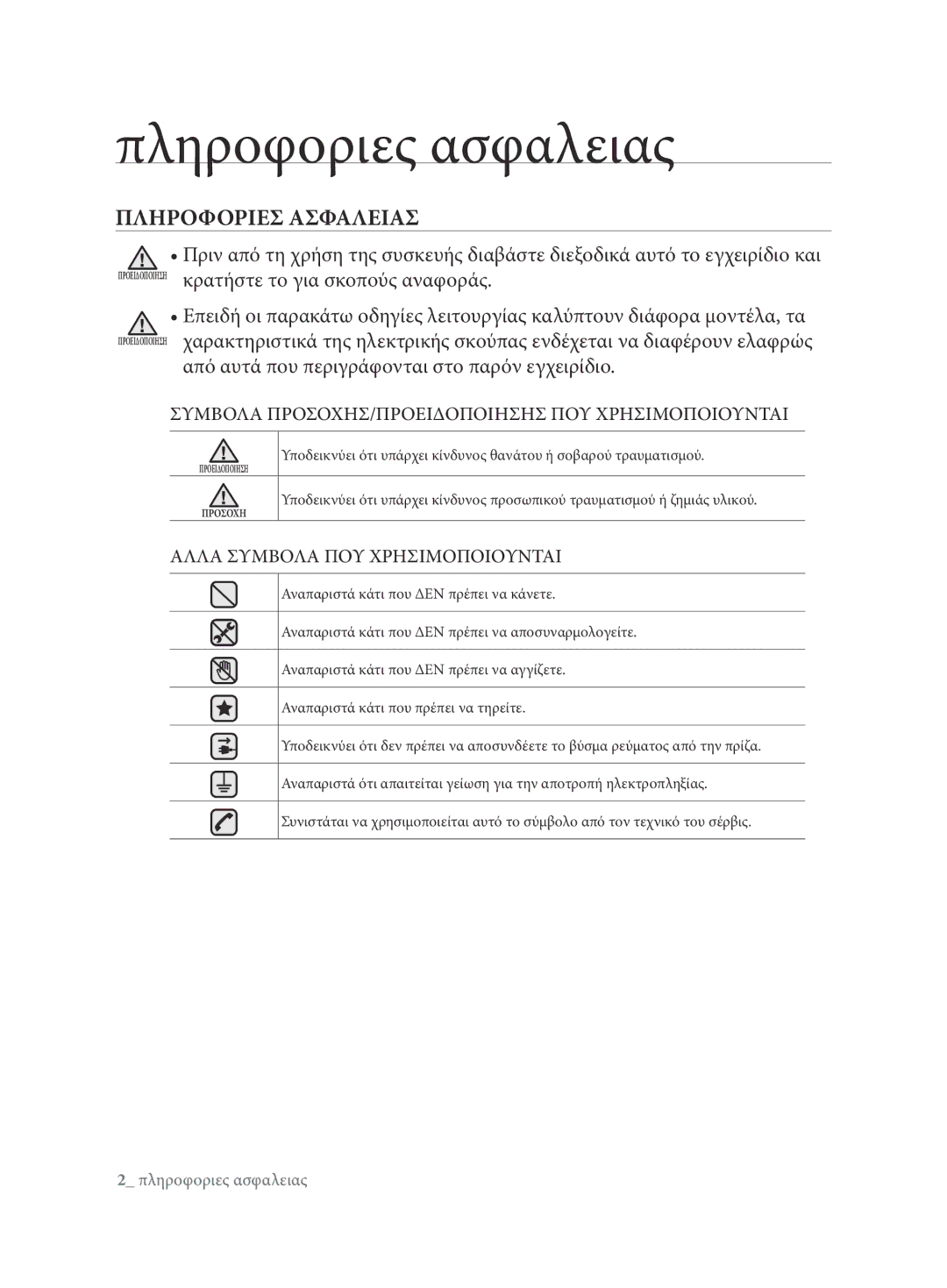 Samsung VCC62E0V3G/XEH, VCC62E0V3G/EUR manual Πληροφοριες ασφαλειας, Πληροφοριεσ Ασφαλειασ 