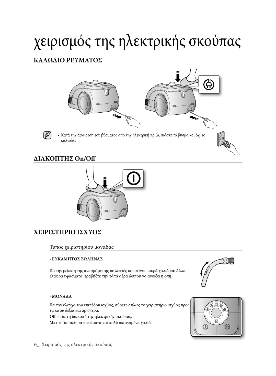 Samsung VCC62E0V3G/XEH, VCC62E0V3G/EUR manual Καλωδιο Ρευματοσ, Χειριστηριο Ισχυοσ, Τύπος χειριστηρίου μονάδας 