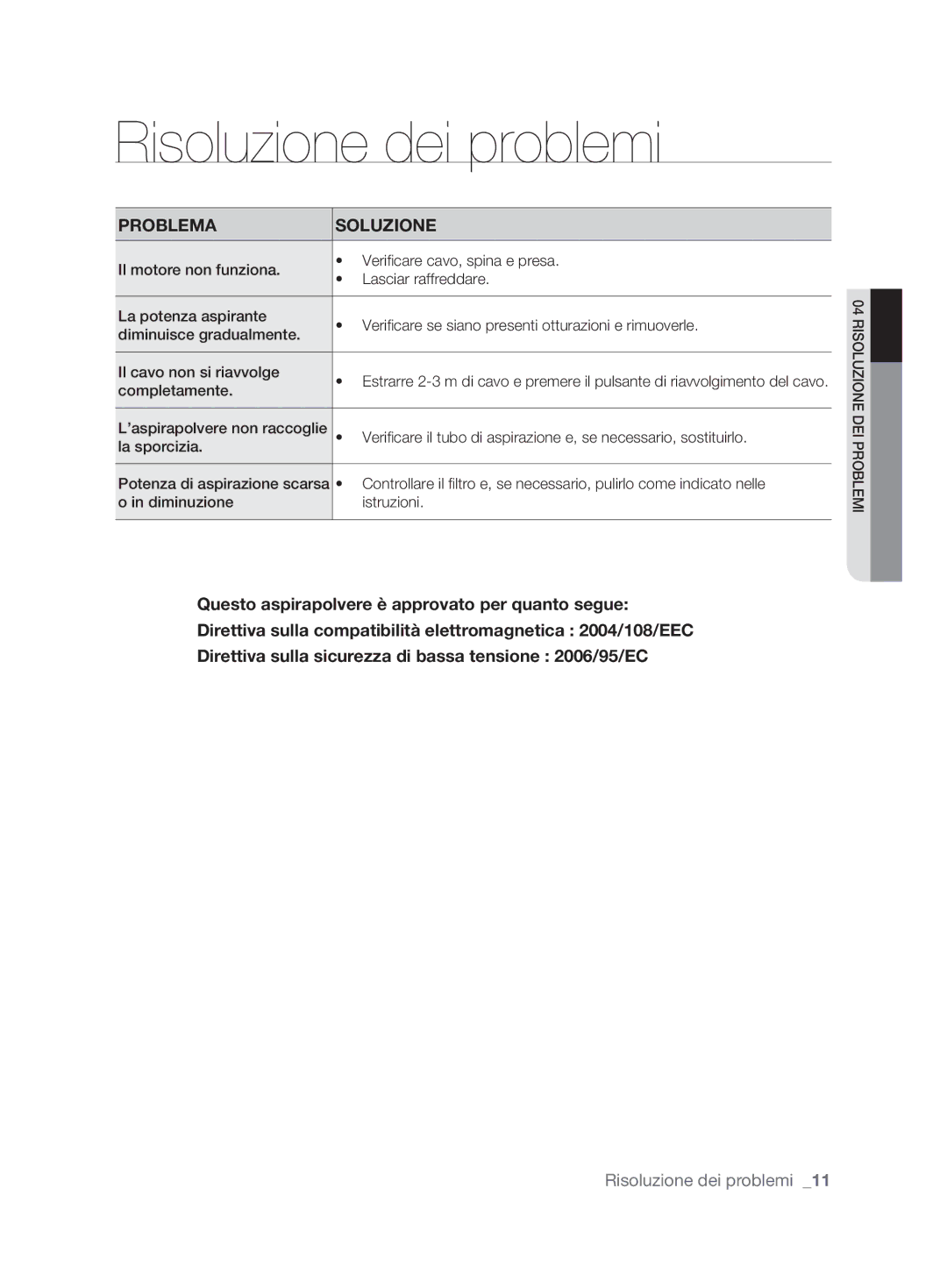 Samsung VCC6240V32/XET, VCC62E0V3G/XET manual Risoluzione dei problemi, Problema Soluzione 