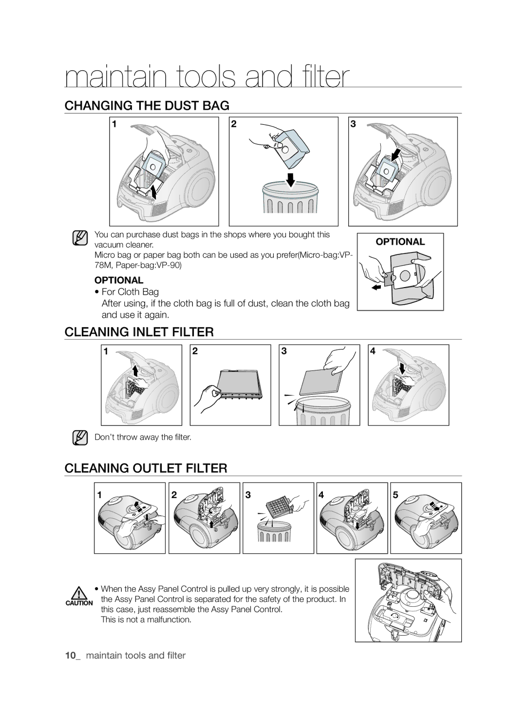 Samsung VCC62J0V39/XEE, VCC62J0V36/XEE, VCC62J0V38/XEE Changing the dust bag, Cleaning inlet filter, Cleaning outlet filter 