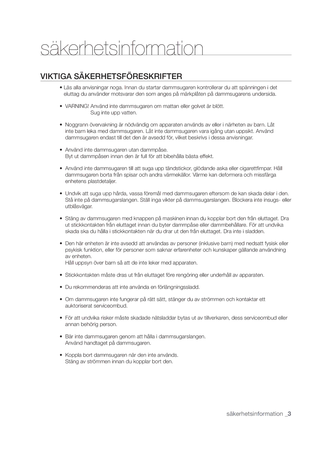 Samsung VCC62J0V36/XEE, VCC62J0V39/XEE, VCC62J0V38/XEE manual VIkTIGA SäkERhETSFÖRESkRIFTER 