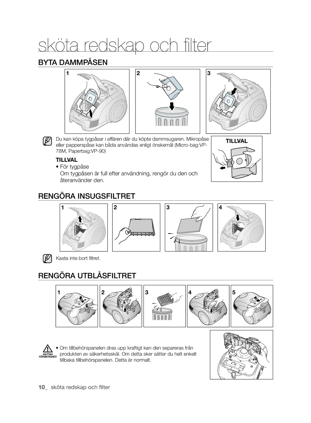 Samsung VCC62J0V39/XEE, VCC62J0V36/XEE, VCC62J0V38/XEE manual BYTA Dammpåsen, Rengöra INSUGSFIlTRET, Rengöra UTblÅSFIlTRET 