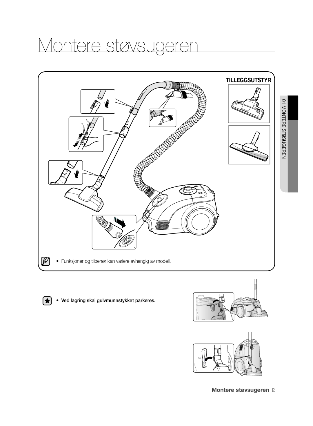 Samsung VCC62J0V38/XEE, VCC62J0V36/XEE, VCC62J0V39/XEE manual Montere støvsugeren, Tilleggsutstyr 