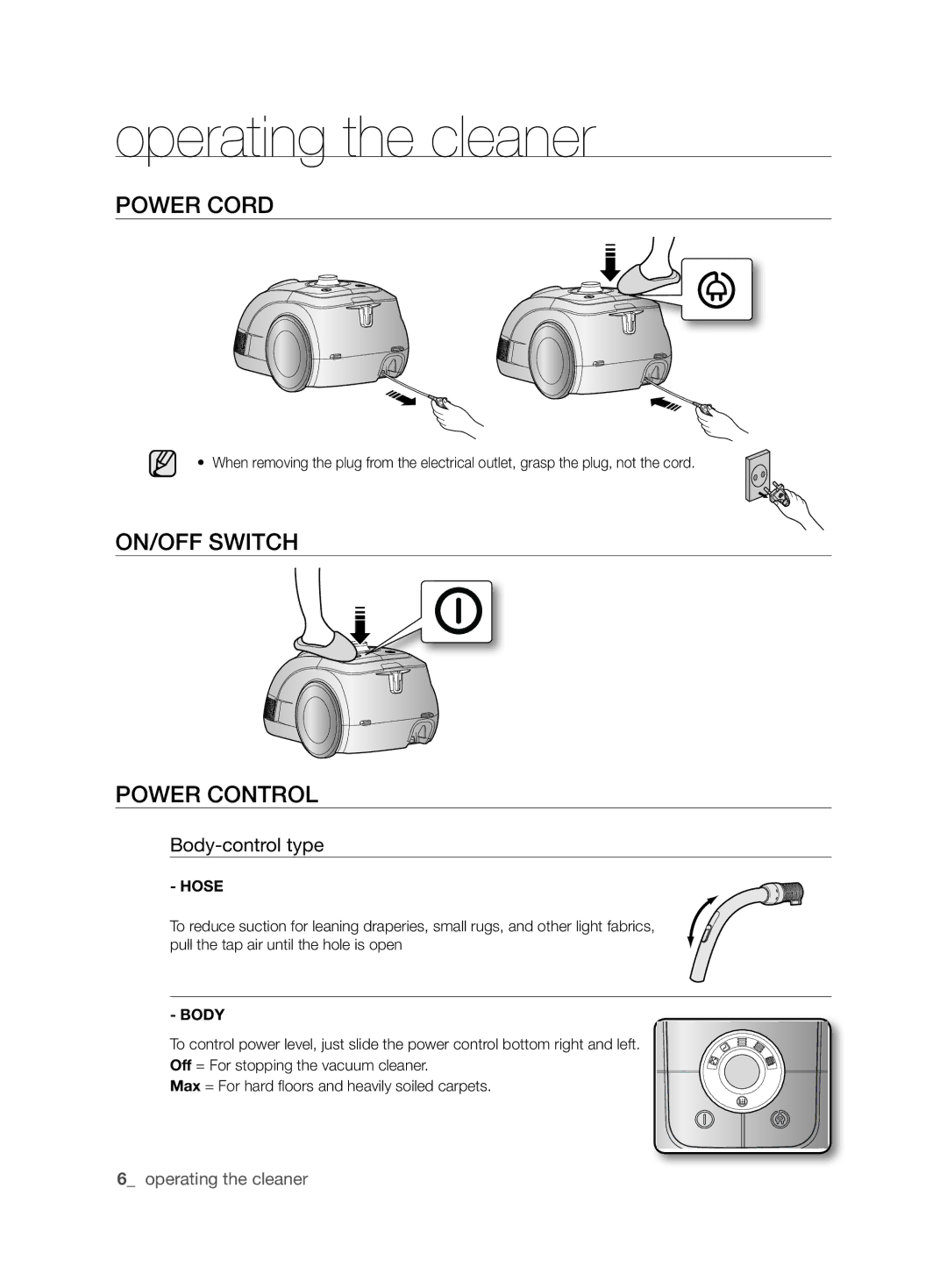 Samsung VCC62J0V36/XEE, VCC62J0V39/XEE Operating the cleaner, Power cord, On/off switch Power control, Body-control type 