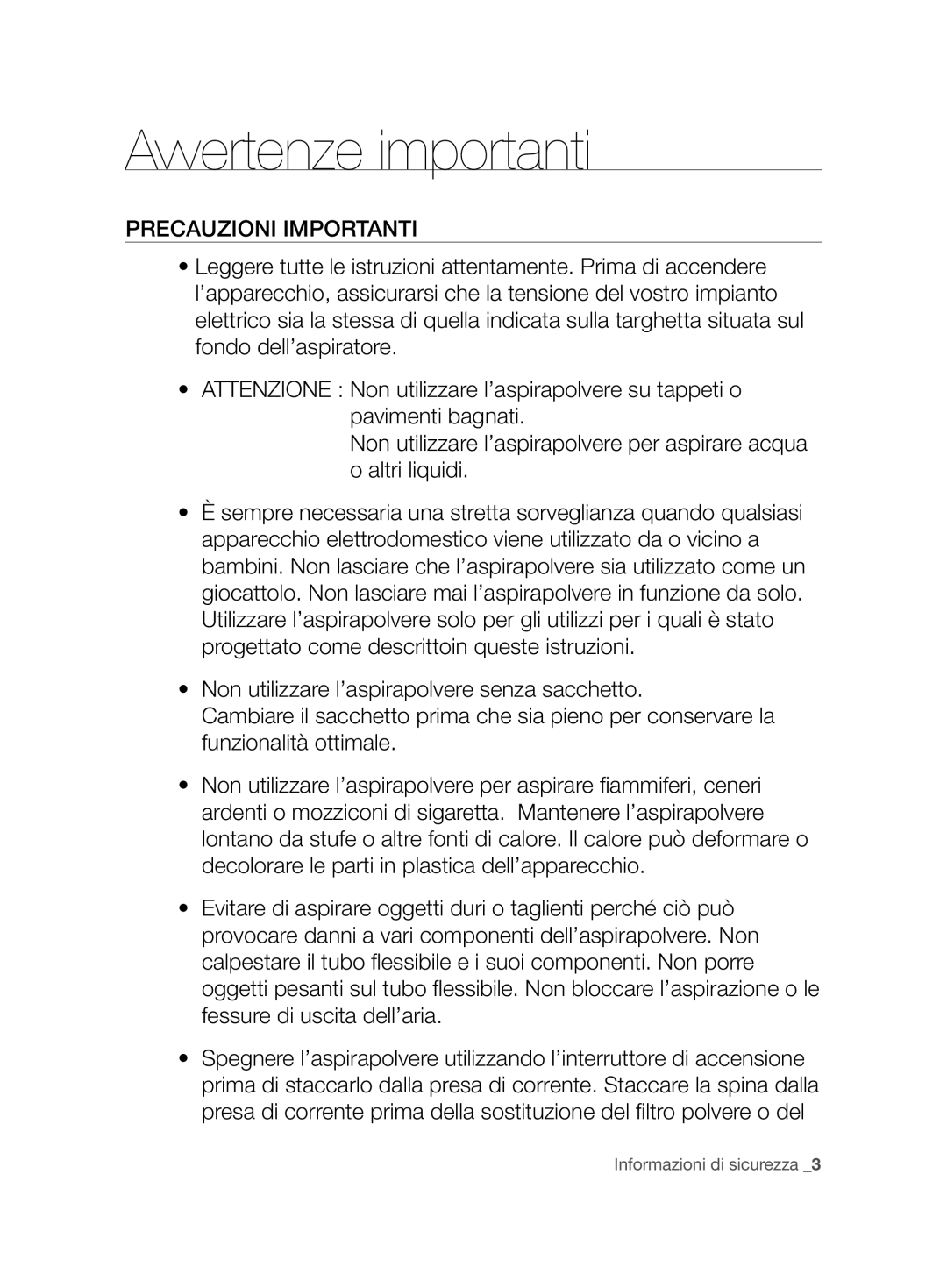 Samsung VCC62J0V37/XET manual Precauzioni Importanti 