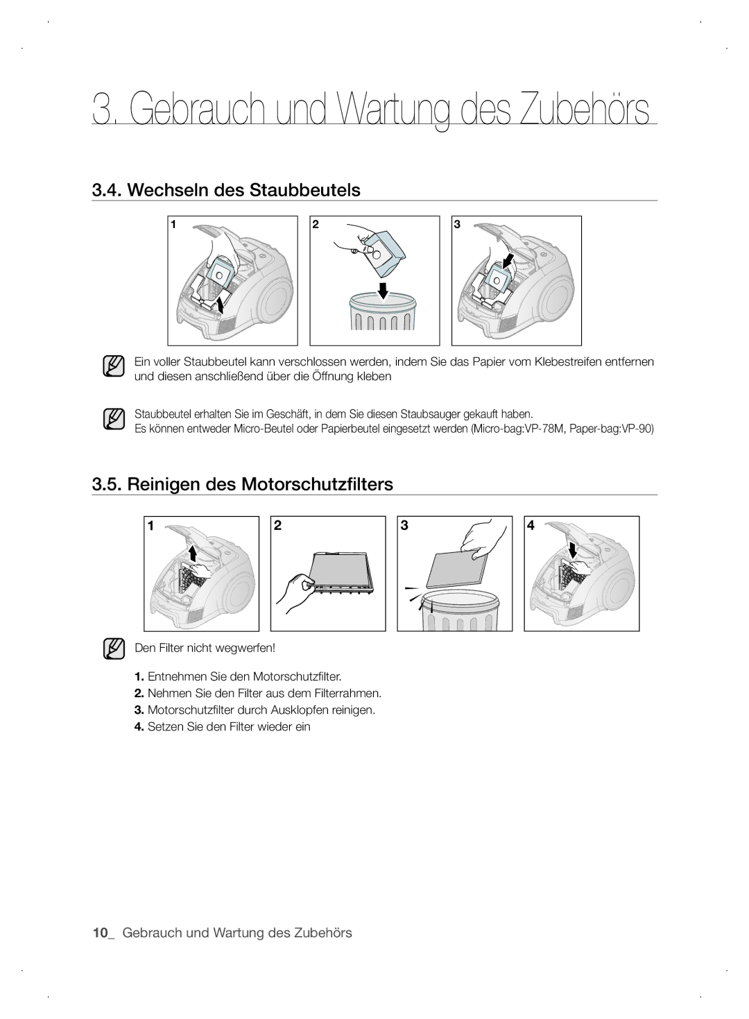 Samsung VCC63J0H36/XEG, VCC6310H3A/XEG, VCC6310H36/XEG manual Wechseln des Staubbeutels, Reinigen des Motorschutzfilters 