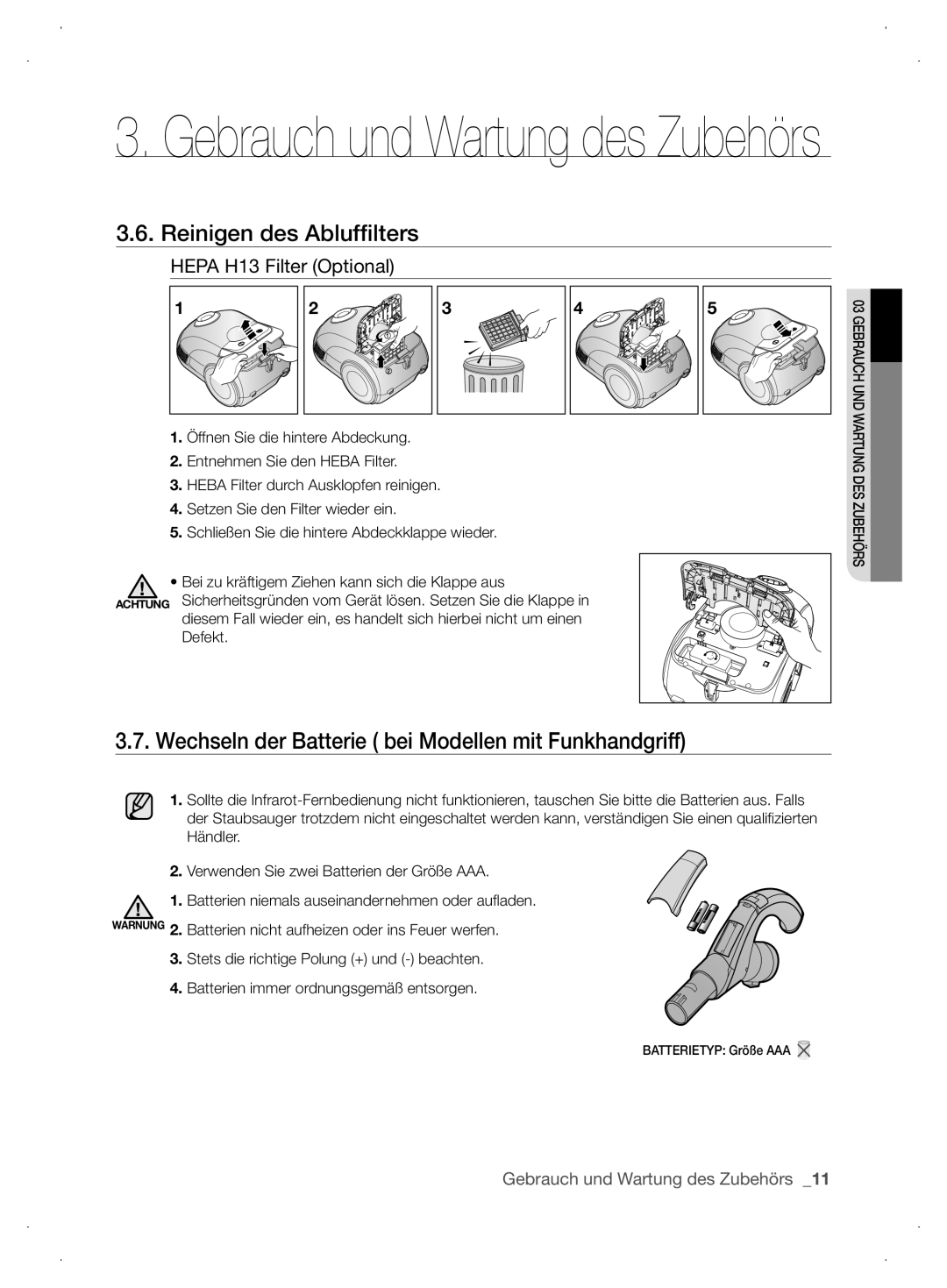 Samsung VCC63G0H3K/XEG manual Gebrauch und Wartung des Zubehörs, Wechseln der Batterie bei Modellen mit Funkhandgriff 