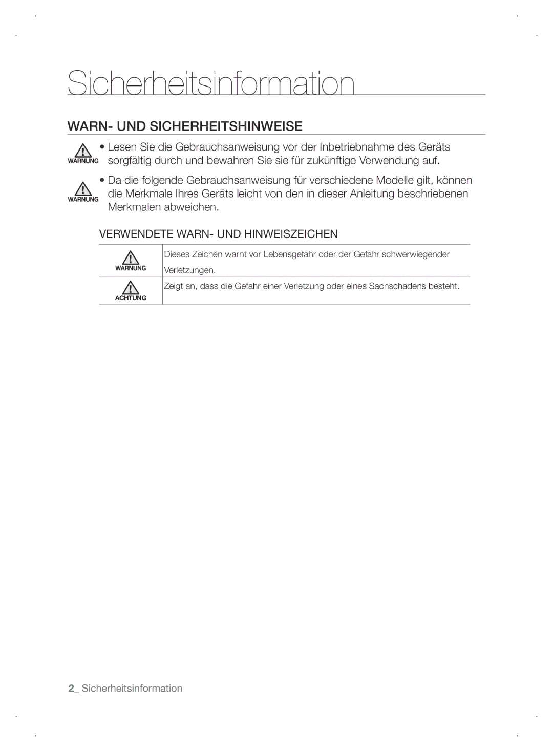 Samsung VCC63J0H36/XEG, VCC6310H3A/XEG, VCC6310H36/XEG, VCC63G0H3K/XEG Sicherheitsinformation, WARN- UND Sicherheitshinweise 