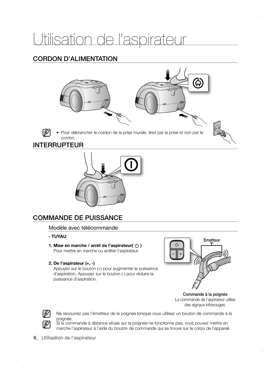 Samsung VCC6310H3A/XEG manual Utilisation de l’aspirateur, CoRDoN D’ALIMENTATIoN, Interrupteur, CoMMANDE DE Puissance 