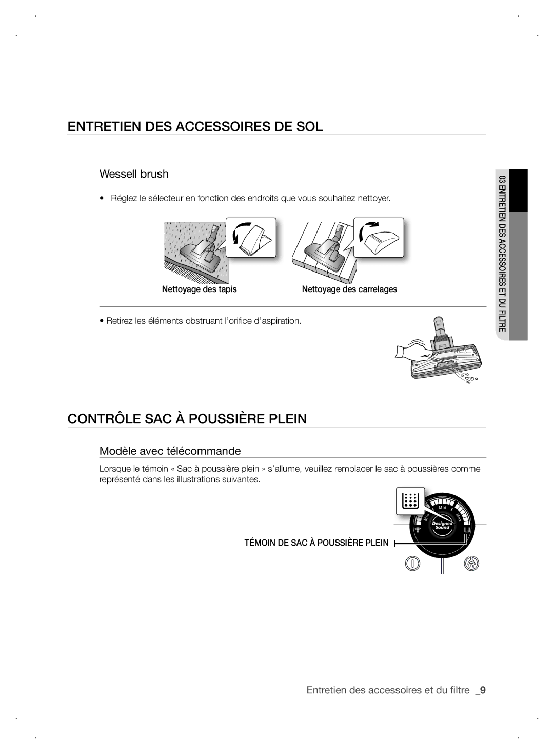 Samsung VCC63G0H3K/XEG, VCC6310H3A/XEG Entretien DES ACCESSoIRES DE SoL, CoNTRôLE Sac à poussière plein, Wessell brush 