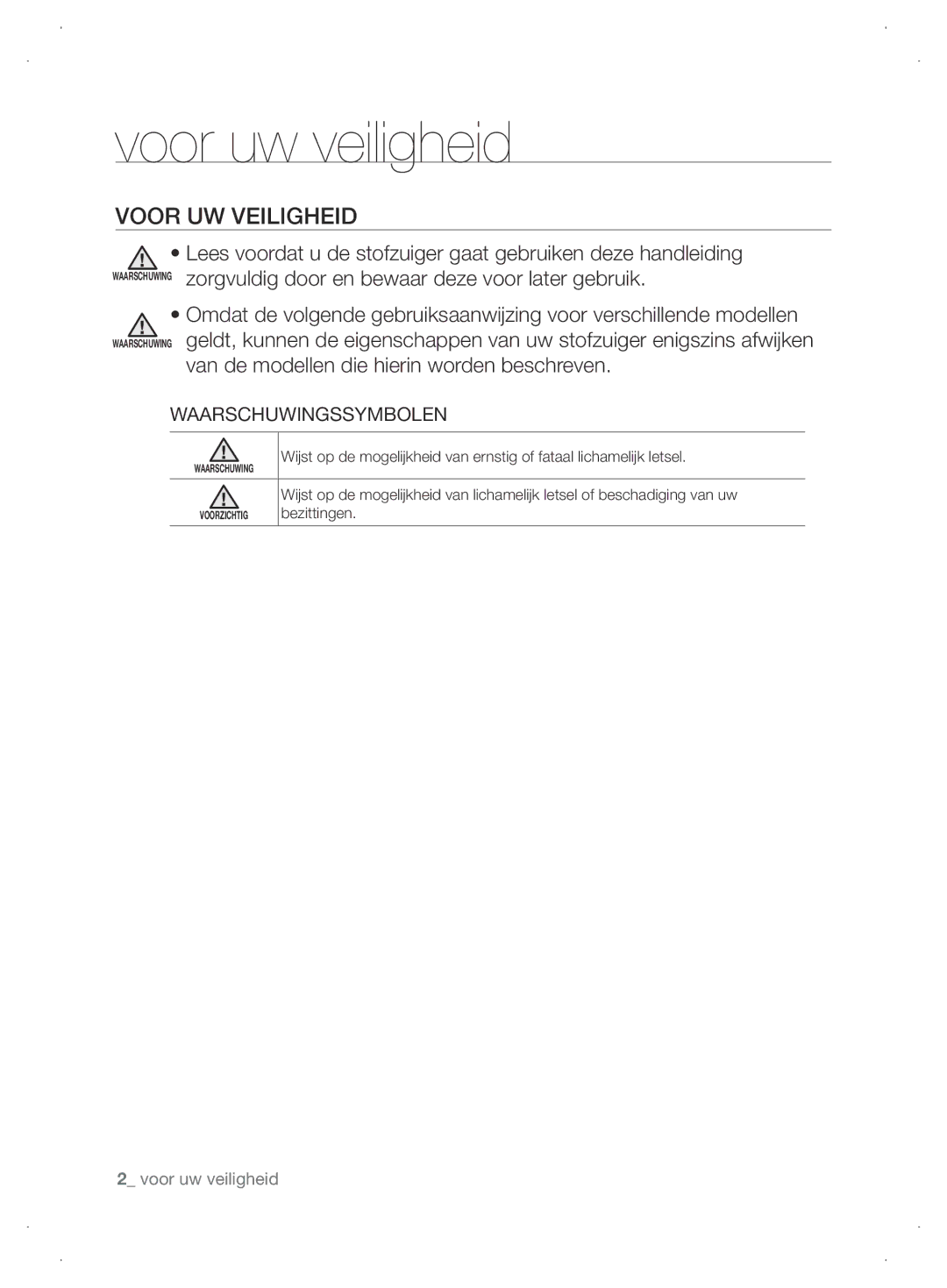 Samsung VCC63J0H36/XEG, VCC6310H3A/XEG, VCC6310H36/XEG, VCC63G0H3K/XEG manual Voor uw veiligheid, VooR UW Veiligheid 