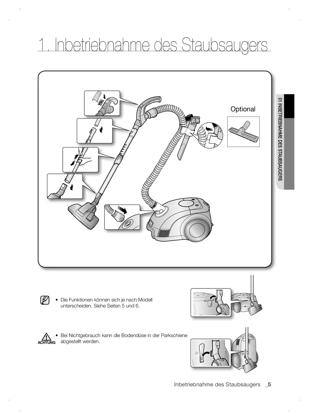 Samsung VCC6310H36/XEG, VCC6310H3A/XEG, VCC63J0H36/XEG, VCC63G0H3K/XEG manual Inbetriebnahme des Staubsaugers 