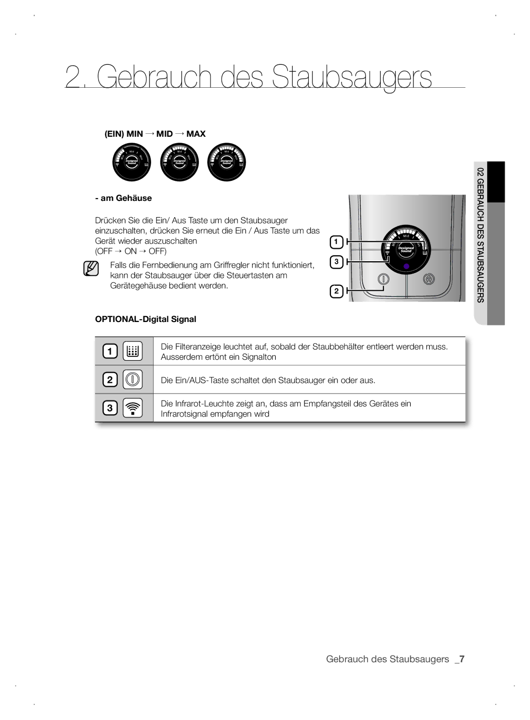 Samsung VCC63G0H3K/XEG, VCC6310H3A/XEG, VCC6310H36/XEG, VCC63J0H36/XEG manual Gebrauch des Staubsaugers 