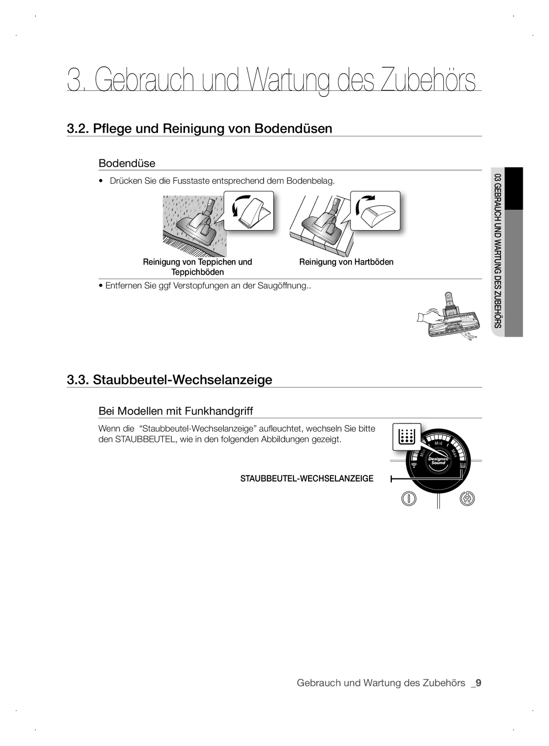 Samsung VCC6310H36/XEG Pflege und Reinigung von Bodendüsen, Staubbeutel-Wechselanzeige, Bei Modellen mit Funkhandgriff 