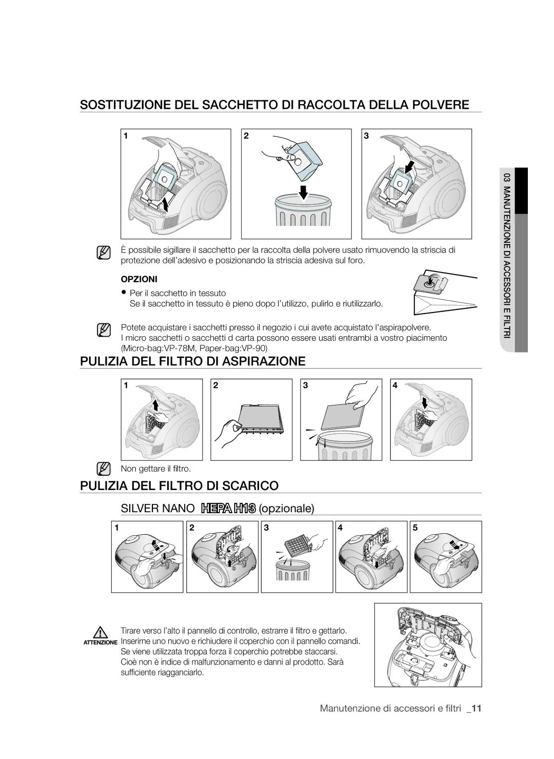 Samsung VCC6340H33/XET Sostituzione del sacchetto di raccolta della polvere, Pulizia del filtro di aspirazione, Opzioni 