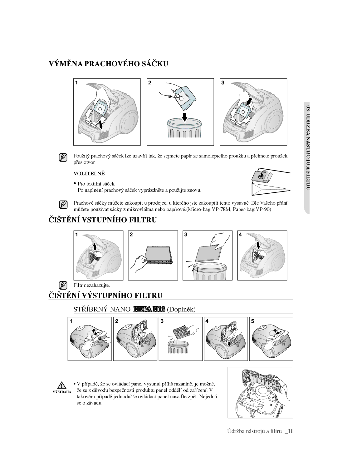 Samsung VCC6340H3K/XEH manual Výměna prachového sáčku, Čištění vstupního filtru, Čištění výstupního filtru, Volitelně 