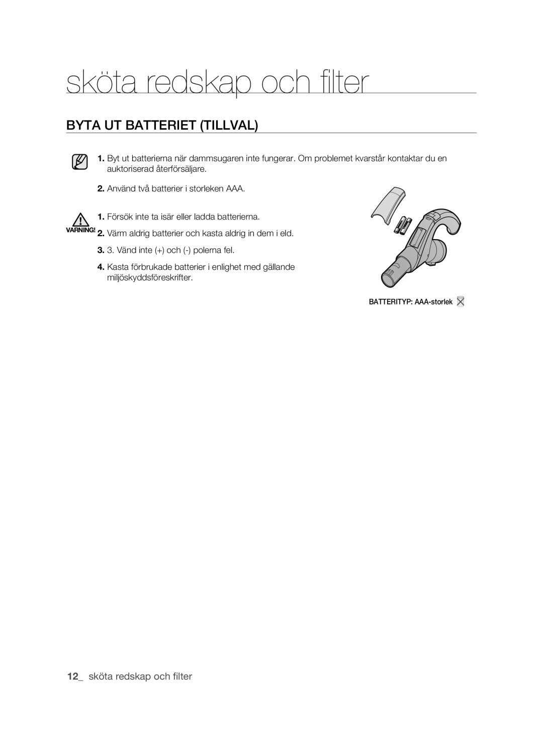 Samsung VCC6360H3A/XEE, VCC6360H3K/XEE manual BYTA UT bATTERIET TIllVAl 