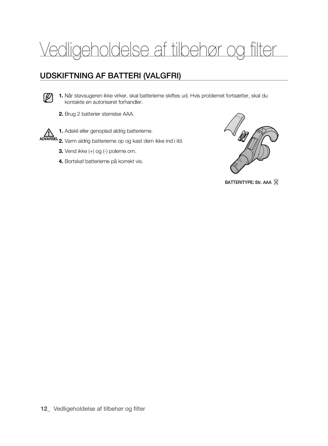 Samsung VCC6360H3A/XEE, VCC6360H3K/XEE manual UDSkIFTNING AF bATTERI VAlGFRI 