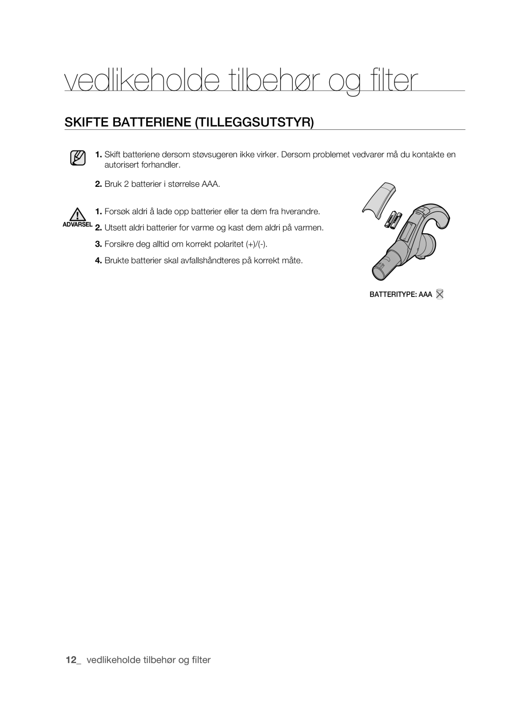 Samsung VCC6360H3A/XEE, VCC6360H3K/XEE manual SkIFTE bATTERIENE TIllEGGSUTSTYR 