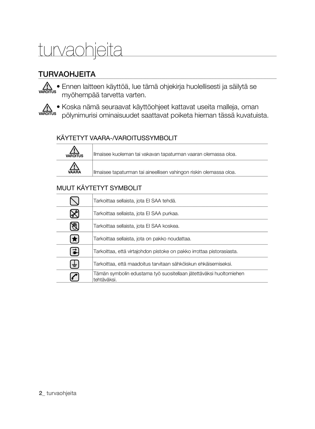 Samsung VCC6360H3A/XEE manual Turvaohjeita, TURVAOhjEITA, Käytetyt VAARA-/VAROITUSSYMBOLIT, Muut Käytetyt Symbolit 