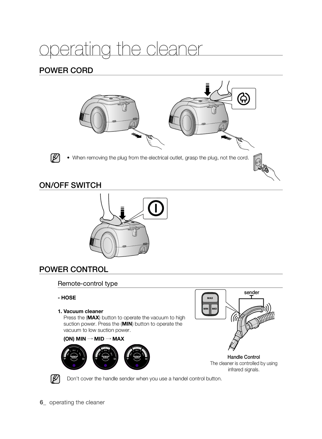 Samsung VCC6360H3A/XEE, VCC6360H3K/XEE Operating the cleaner, Power cord, On/off switch Power control, Remote-control type 