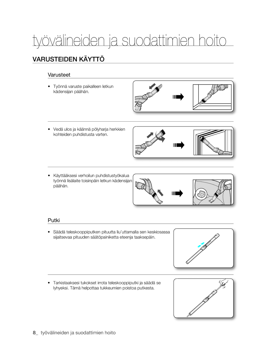 Samsung VCC6360H3A/XEE, VCC6360H3K/XEE manual Varusteiden käYTTÖ, Varusteet, Putki 