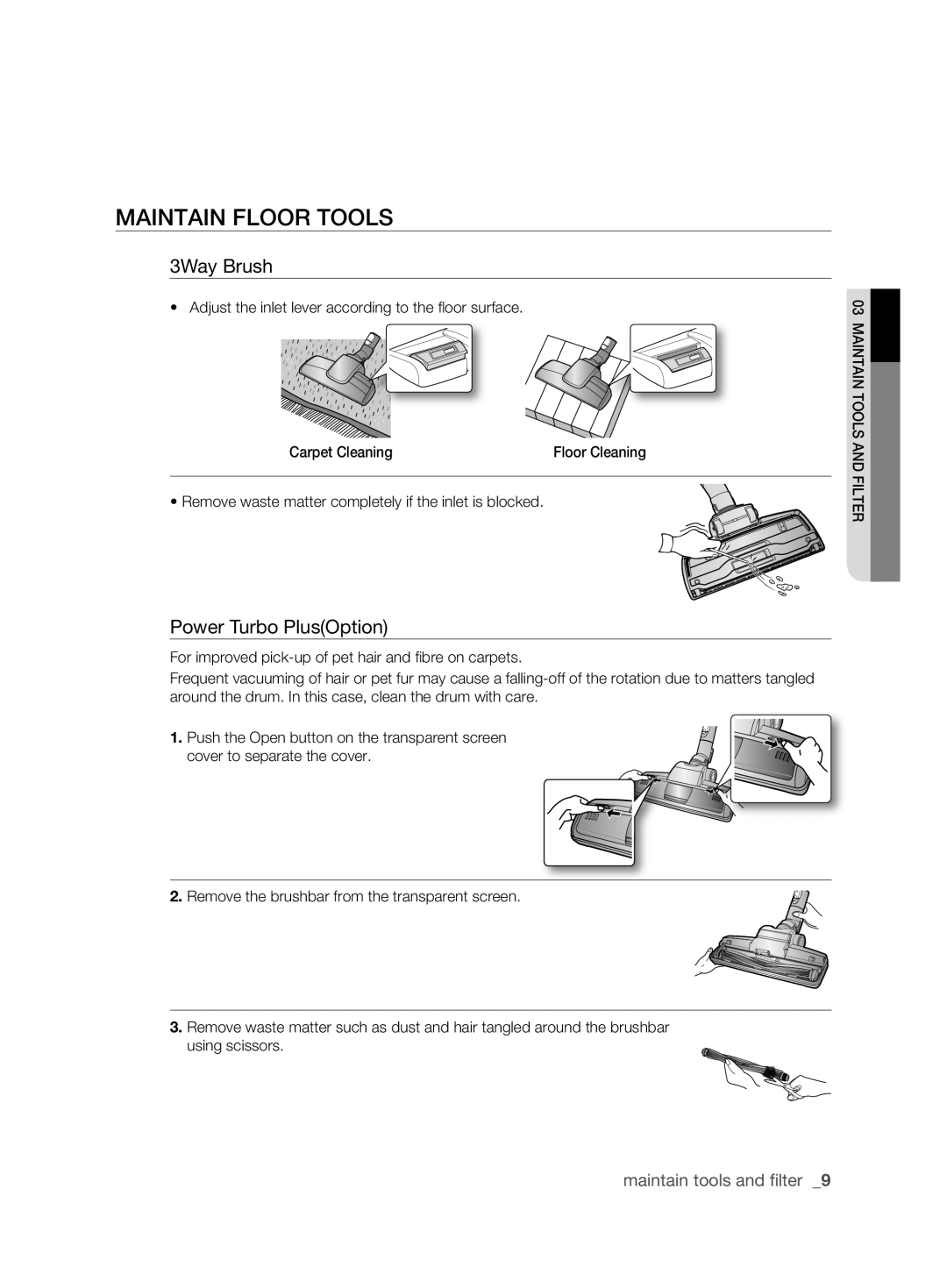 Samsung VCC6360H3K/XEE, VCC6360H3A/XEE manual Maintain floor tools, 3Way Brush, Power Turbo PlusOption 