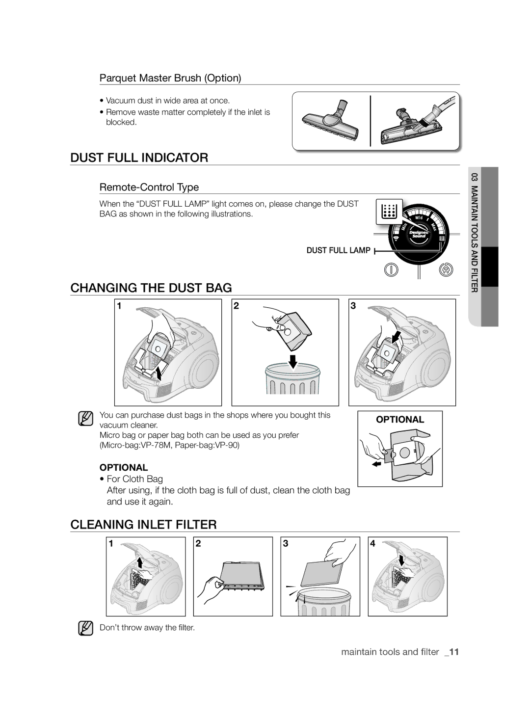 Samsung VCC6360H3A/XEO manual Dust Full Indicator, Cleaning Inlet Filter, Parquet Master Brush Option, Optional 