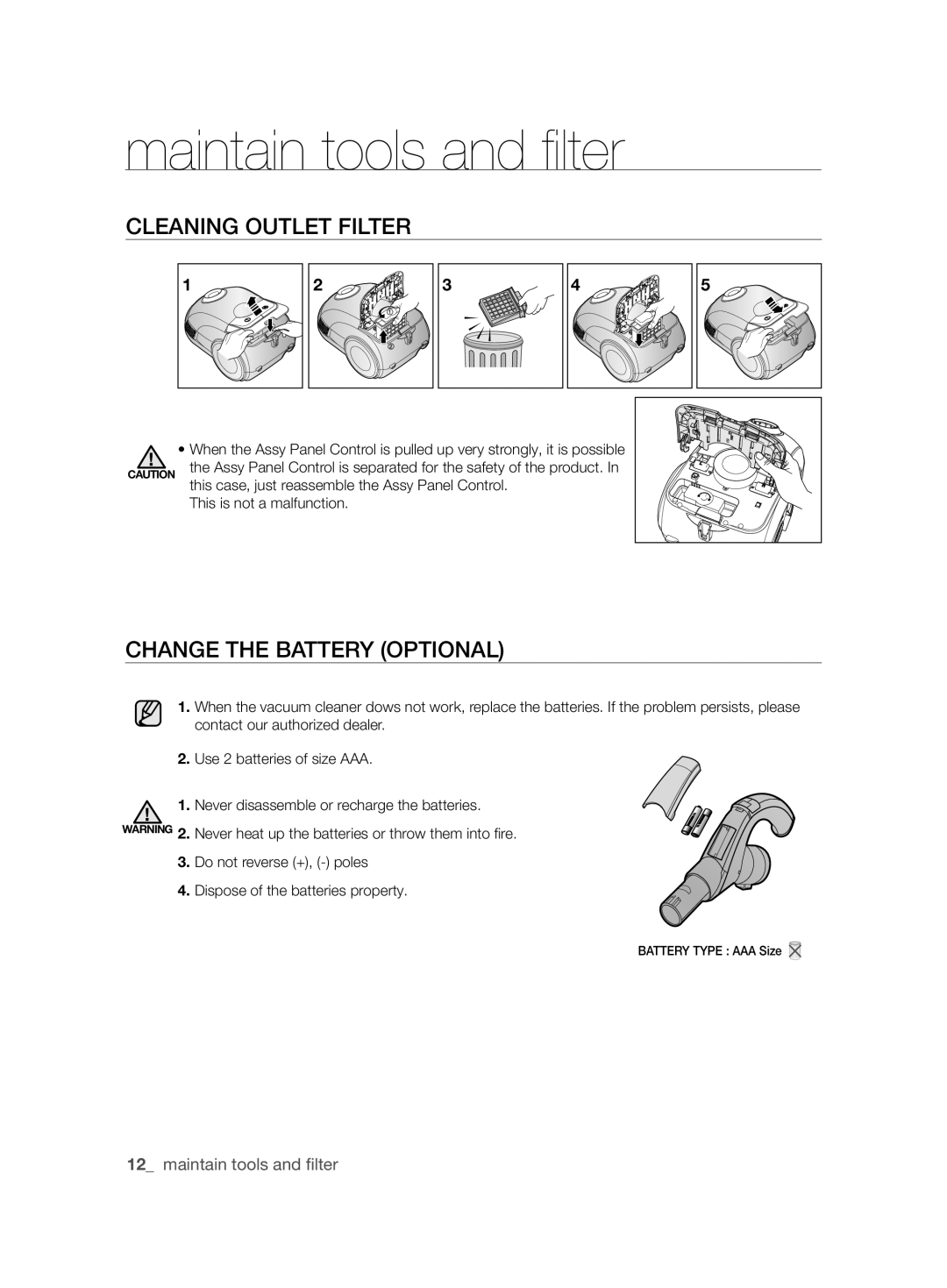 Samsung VCC6360H3A/XEO manual Cleaning Outlet Filter, Change the Battery Optional 