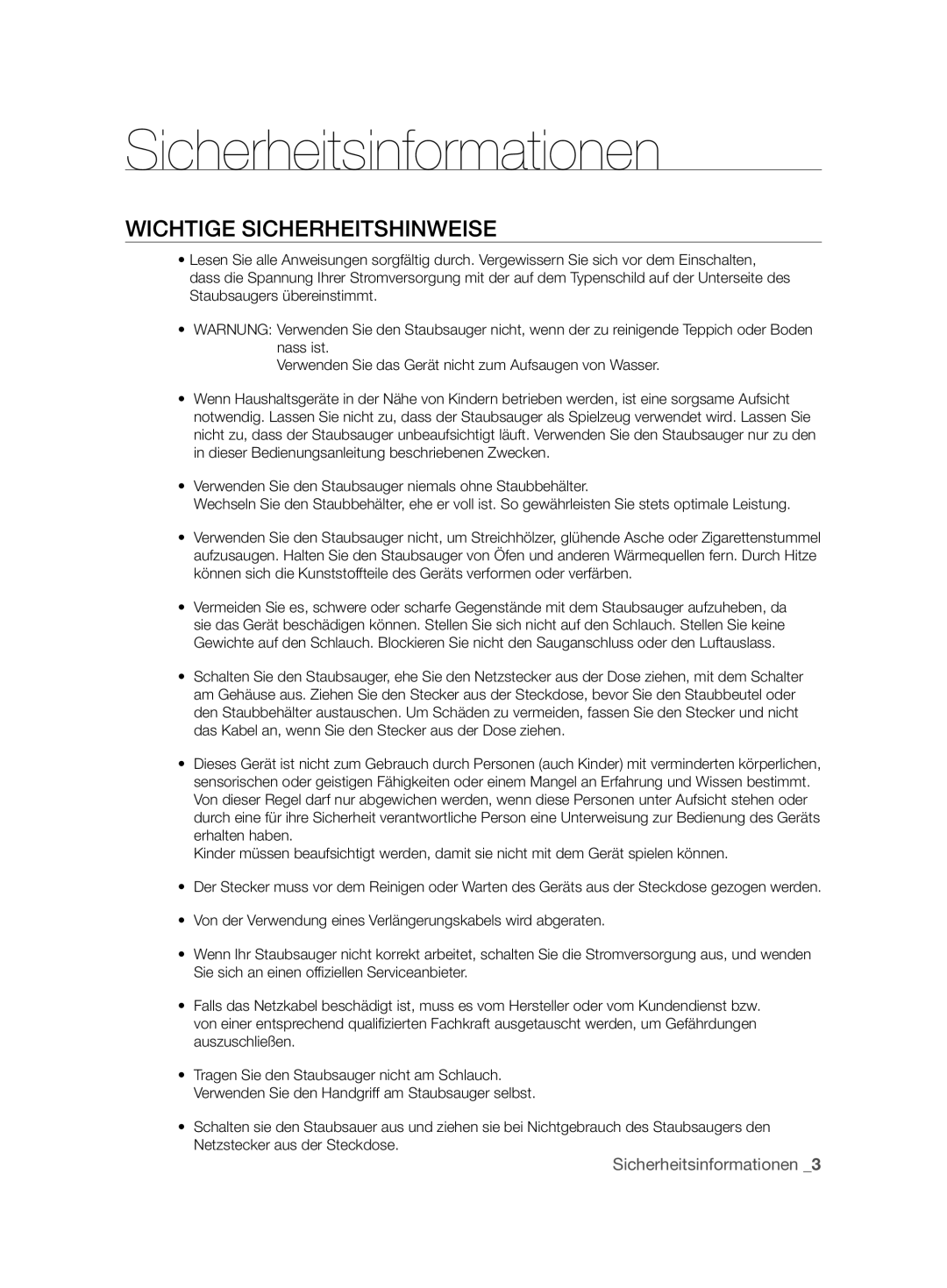 Samsung VCC6360H3A/XEO manual Wichtige Sicherheitshinweise 