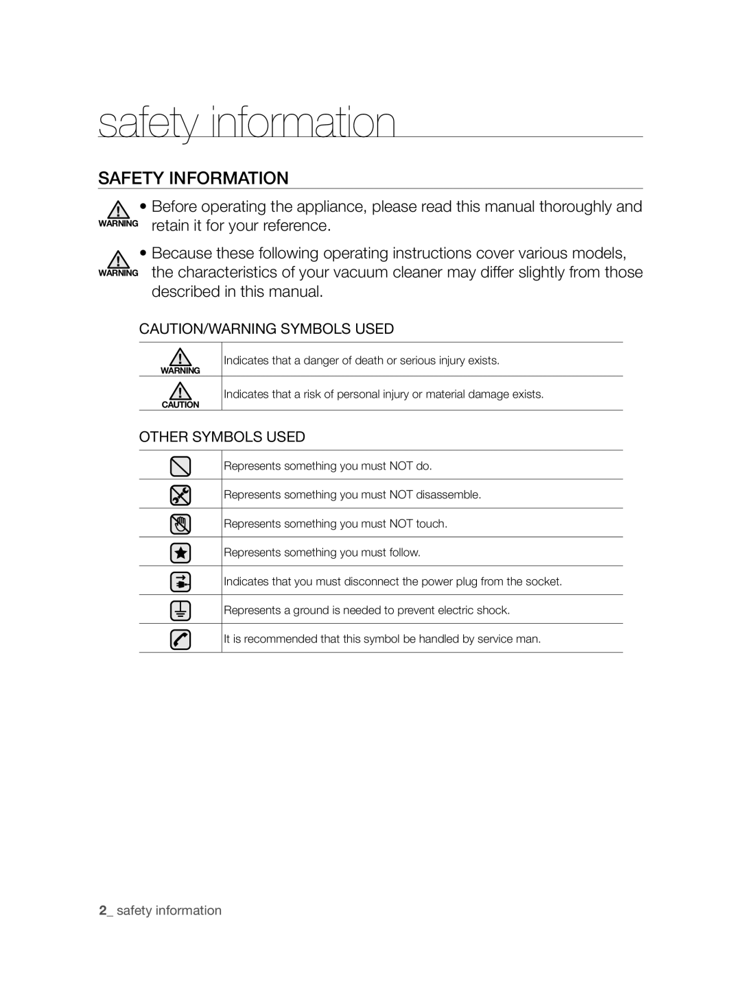 Samsung VCC6360H3A/XEO manual Safety information, Safety Information 